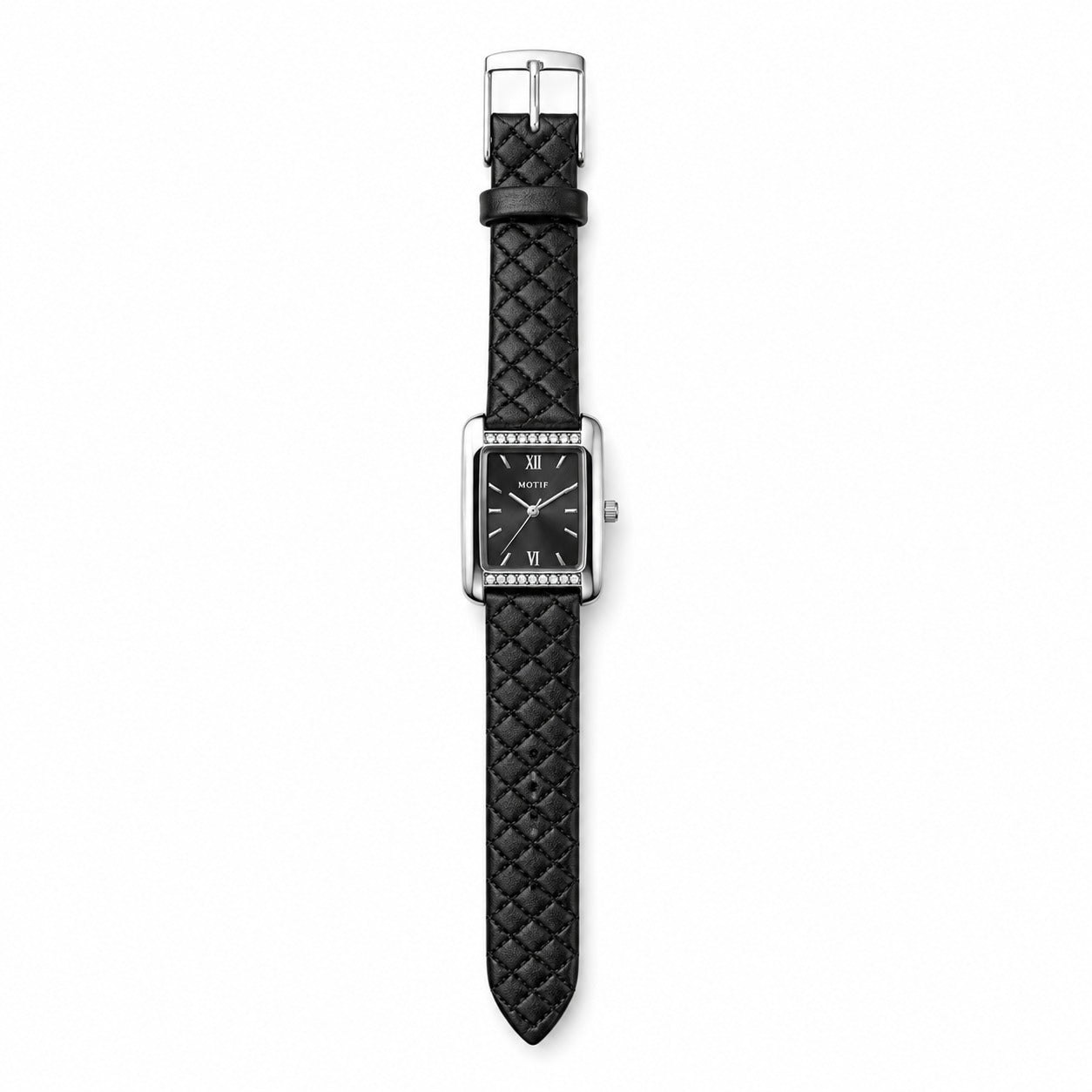 Motif Elegance Ladies Tank Watch – Quilted Black Leather Strap