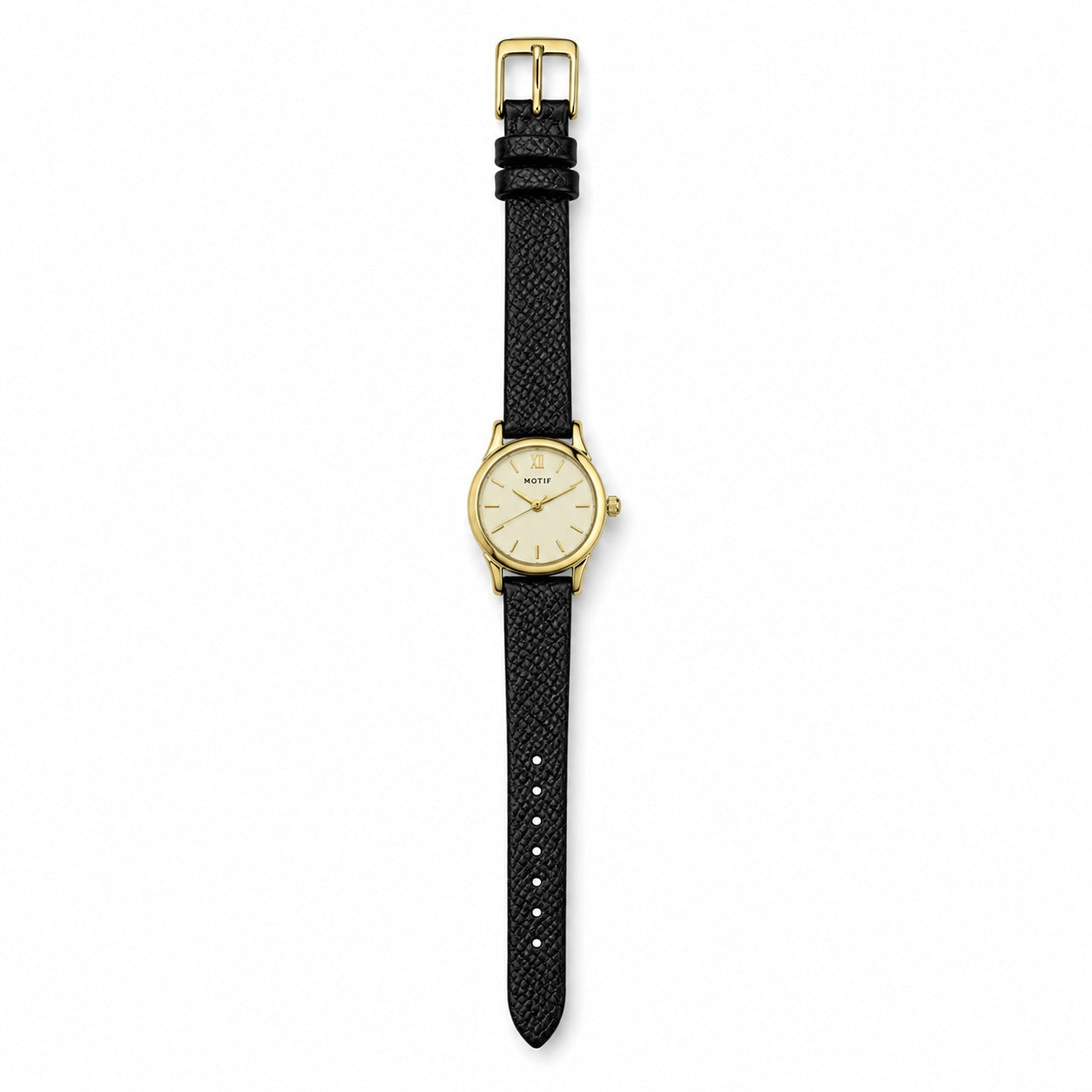 Vintage Gold Ladies Watch – Textured Black Leather Strap