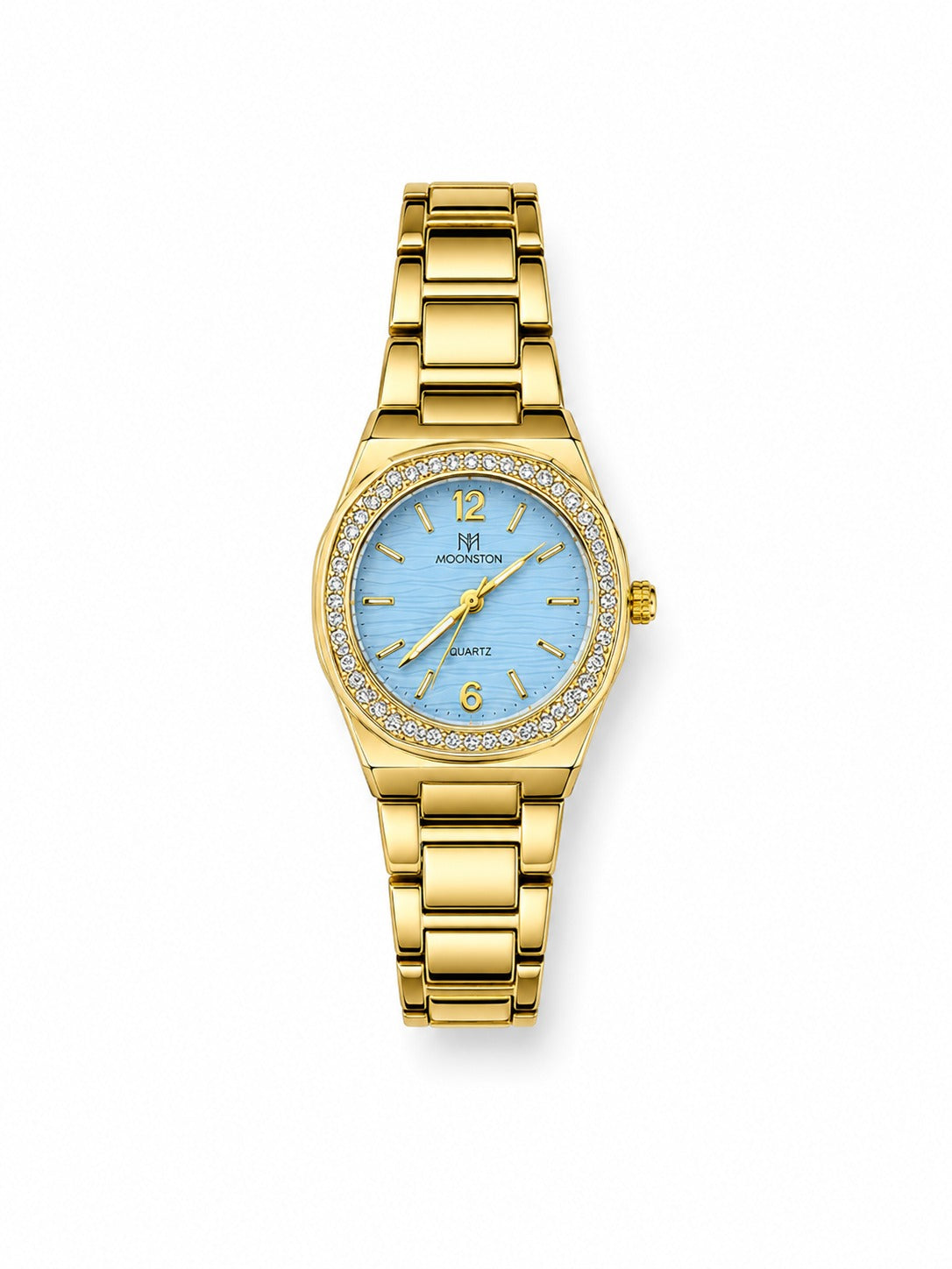 Royal Gold Ladies Watch – Ice Blue Textured Dial & Diamond Bezel