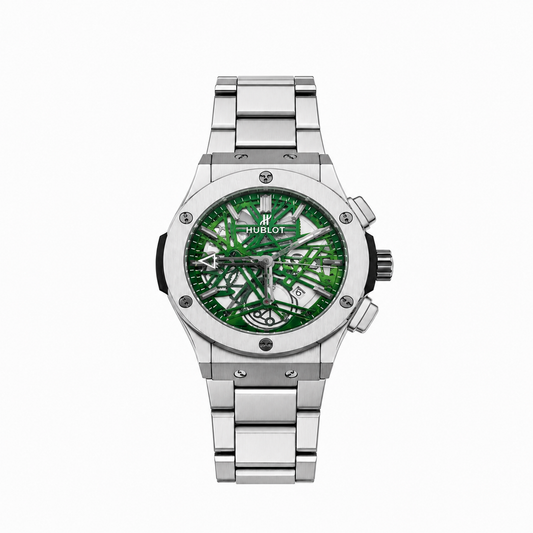 Silver Skeleton Stainless Steel Watch – Green Dial