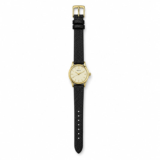 Vintage Gold Ladies Watch – Textured Black Leather Strap