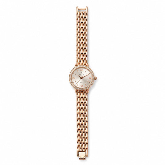 Luxury Rose Gold Ladies Watch – Diamond Bezel & Chain Bracelet