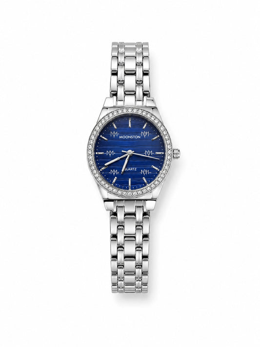 Royal Silver Ladies Watch – Deep Blue Textured Dial & Diamond Bezel