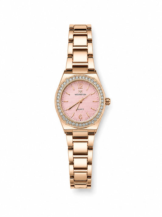 Royal Rose Gold Ladies Watch – Soft Pink Textured Dial & Diamond Bezel