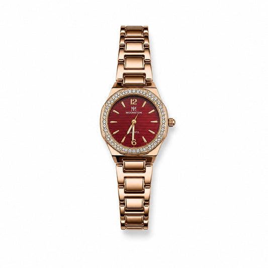 Royal Rose Gold Ladies Watch – Maroon Textured Dial & Diamond Bezel