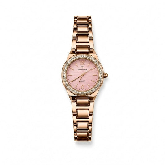 Royal Rose Gold Ladies Watch – Soft Pink Textured Dial & Diamond Bezel