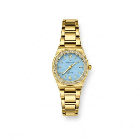 Royal Gold Ladies Watch – Ice Blue Textured Dial & Diamond Bezel