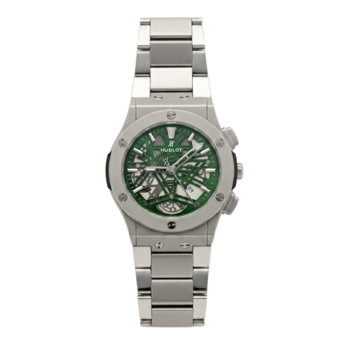 Silver Aerofusion Skeleton Watch – Emerald Green Dial & Steel Bracelet