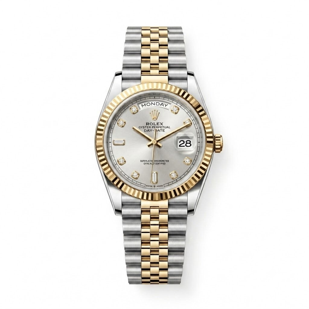 Royal Two-Tone Presidential Watch – Silver Diamond Dial & Day-Date Display